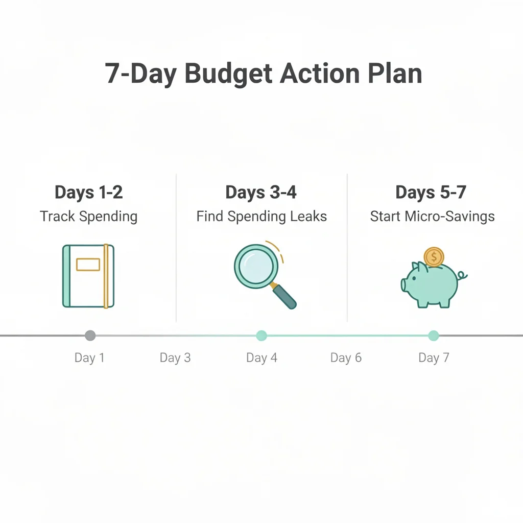 Infographic showing 7-day action plan for starting a tight budget: track spending days 1-2, find spending leaks days 3-4, set up savings days 5-7