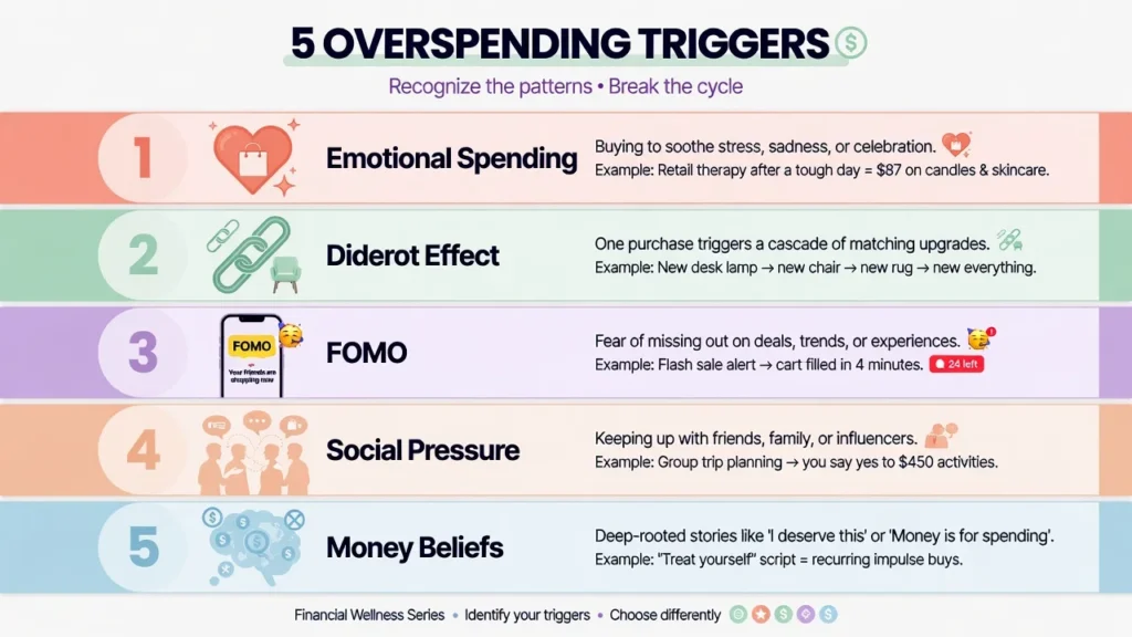 Infographic showing five common overspending triggers including emotional spending, Diderot Effect, FOMO, social pressure, and money beliefs