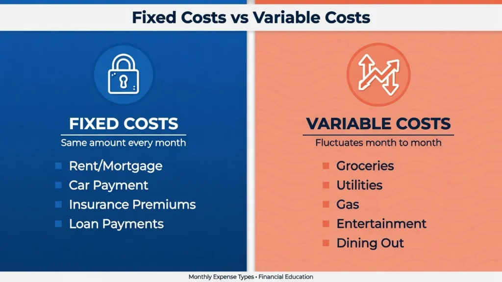 Comparison infographic showing the difference between fixed costs that remain the same each month (rent, insurance, loan payments) and variable costs that fluctuate (groceries, utilities, entertainment)