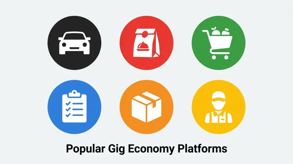Grid showing popular gig economy platforms including rideshare and food delivery apps for earning money quickly