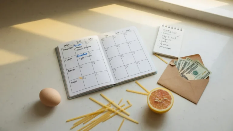 Weekly meal planner notebook, grocery list, and cash envelope on kitchen counter for grocery budgeting system