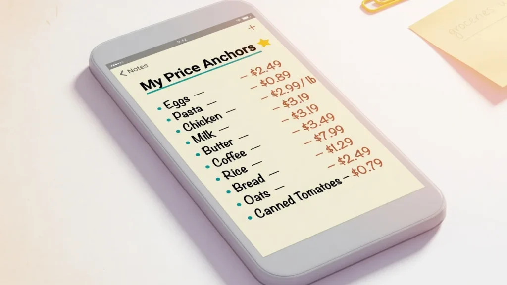 Smartphone showing a price anchor list in a notes app tracking
minimum prices paid for ten common grocery items