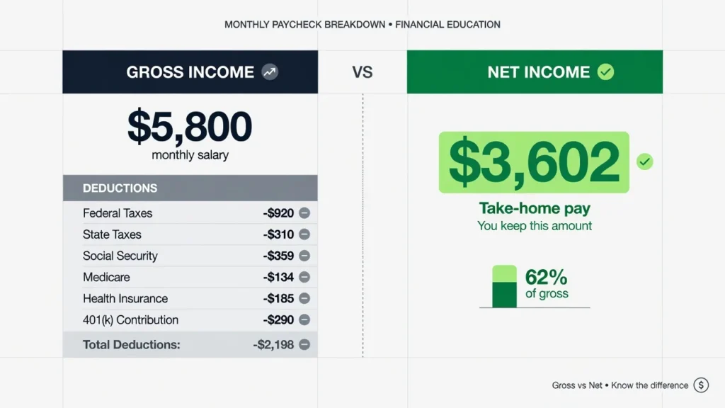 Diagram comparing gross income before deductions versus net take-home pay used for personal budget planning