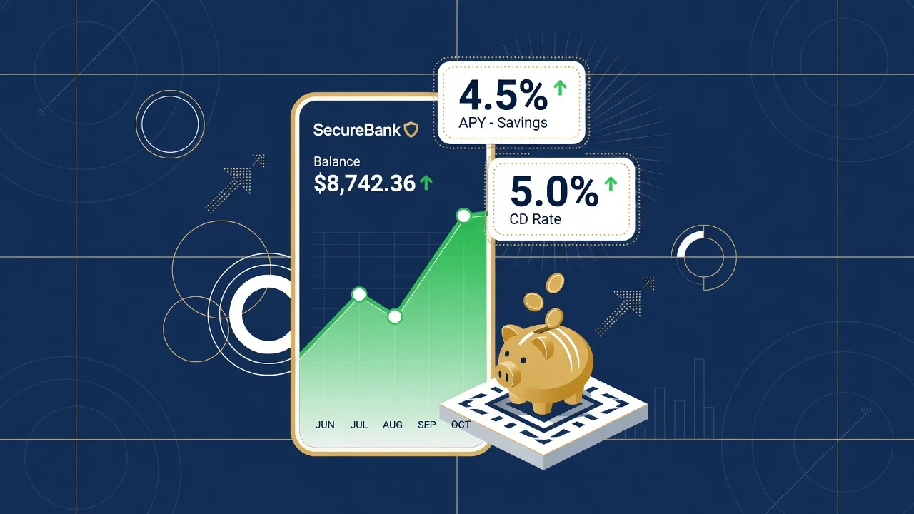 Illustration of mobile banking app showing high yield savings account with rising interest rates and growth chart