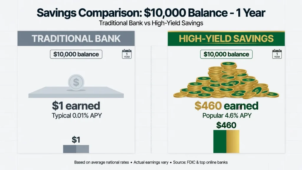 Visual comparison showing $10,000 earns $1 in traditional savings versus 
$460 in high-yield savings account after one year