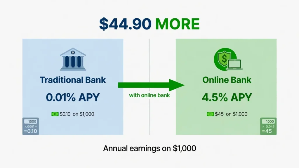 Comparison showing high-yield savings accounts earn $45 annually versus traditional banks earning $0.10 on $1000