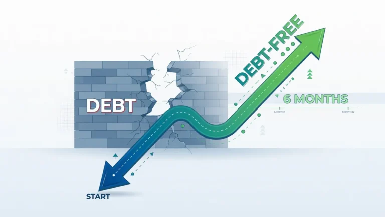Illustration showing debt payoff journey from debt burden to financial freedom in six months