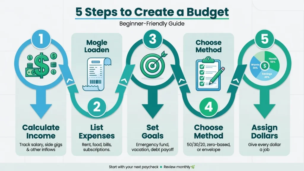 Infographic showing five-step budget creation process from calculating income to assigning every dollar a purpose