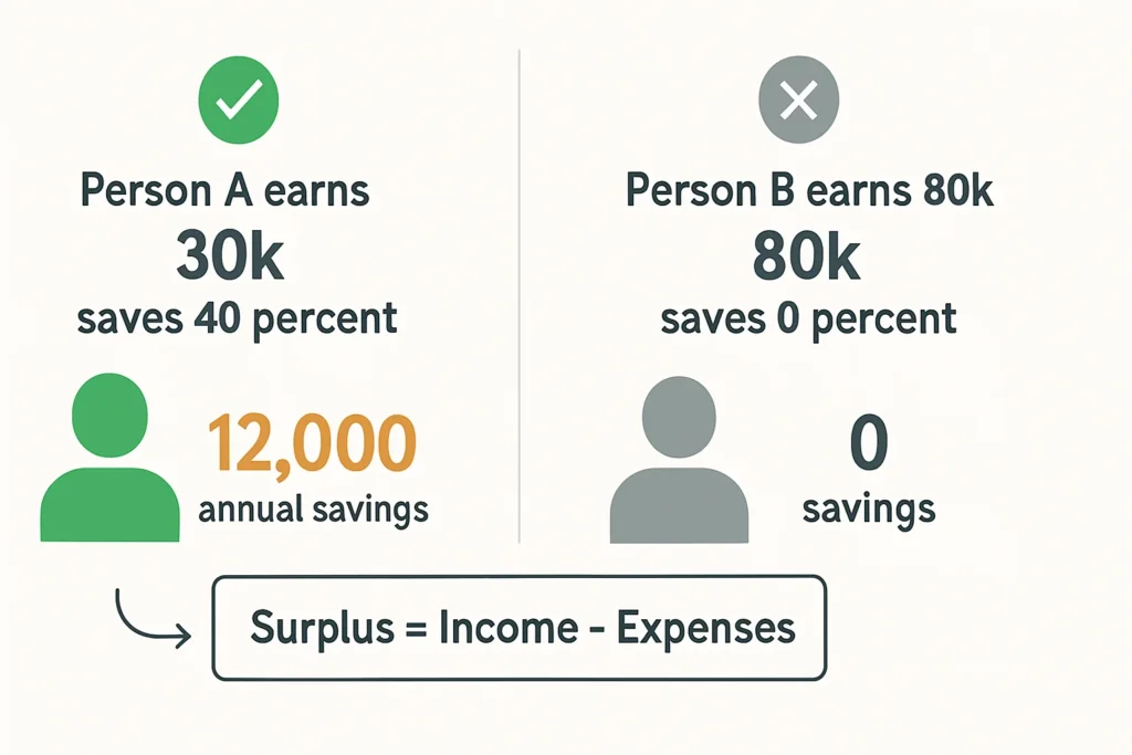 Comparison infographic showing person earning 30k saving 40 percent is more financially stable than person earning 80k saving nothing