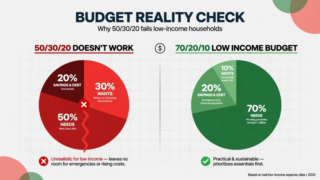 Budget comparison showing why 70/20/10 works better than 50/30/20 for low income earners