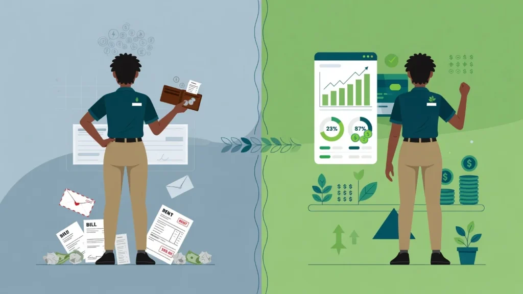 Illustration showing before and after of saving money fast on low income from paycheck to paycheck to emergency fund