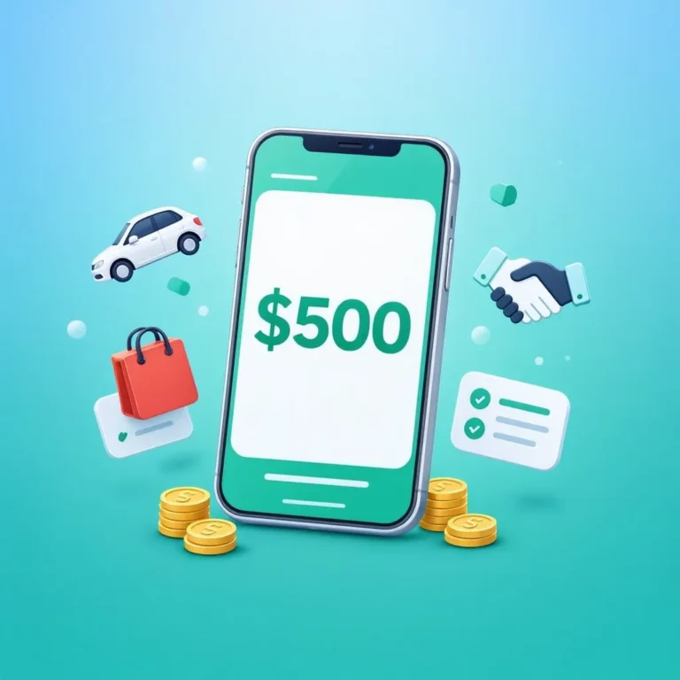 Smartphone displaying $500 surrounded by icons representing fast earning methods including gig work, delivery services, and selling items