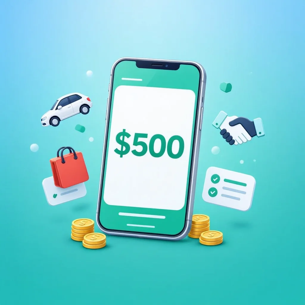 Smartphone displaying $500 surrounded by icons representing fast earning methods including gig work, delivery services, and selling items