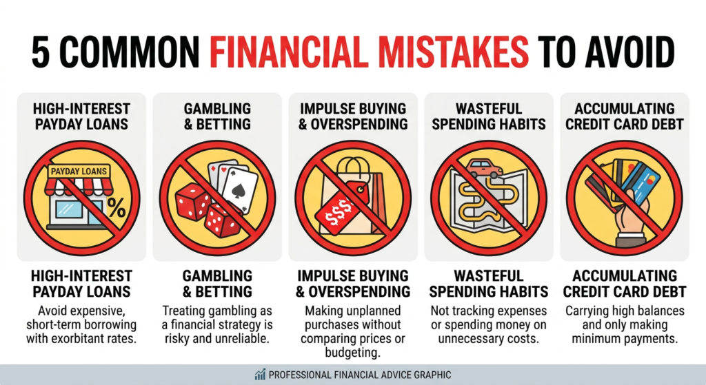 Illustration showing financial mistakes to avoid including payday loans, gambling, and overpricing items when trying to make money quickly