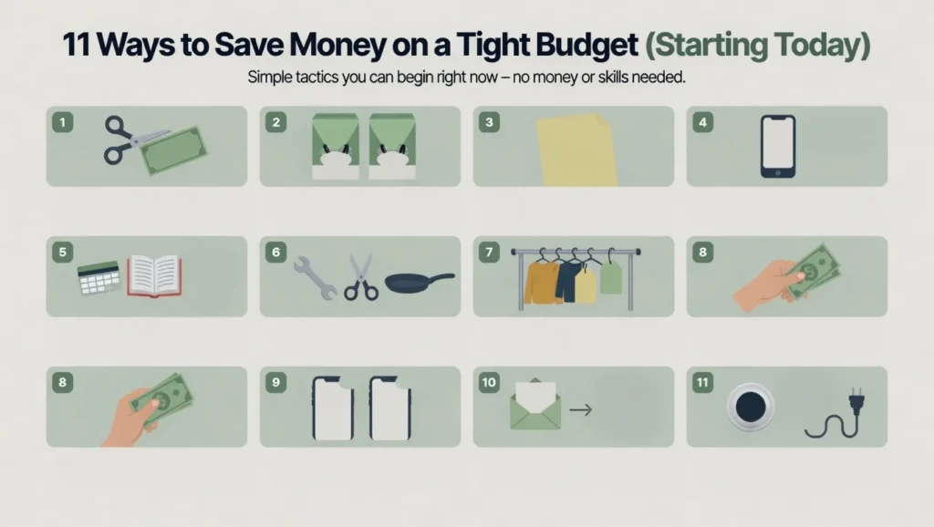 Icons showing various ways to save money on a tight budget including cancelled subscriptions and DIY methods
