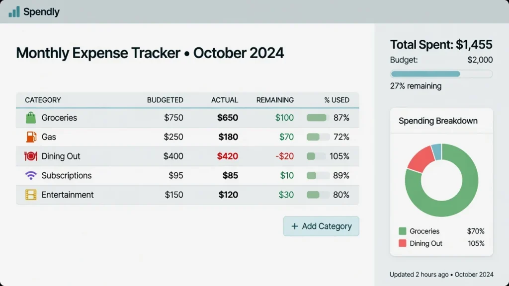 Expense tracking spreadsheet showing categorized monthly spending including groceries, gas, dining, and subscriptions