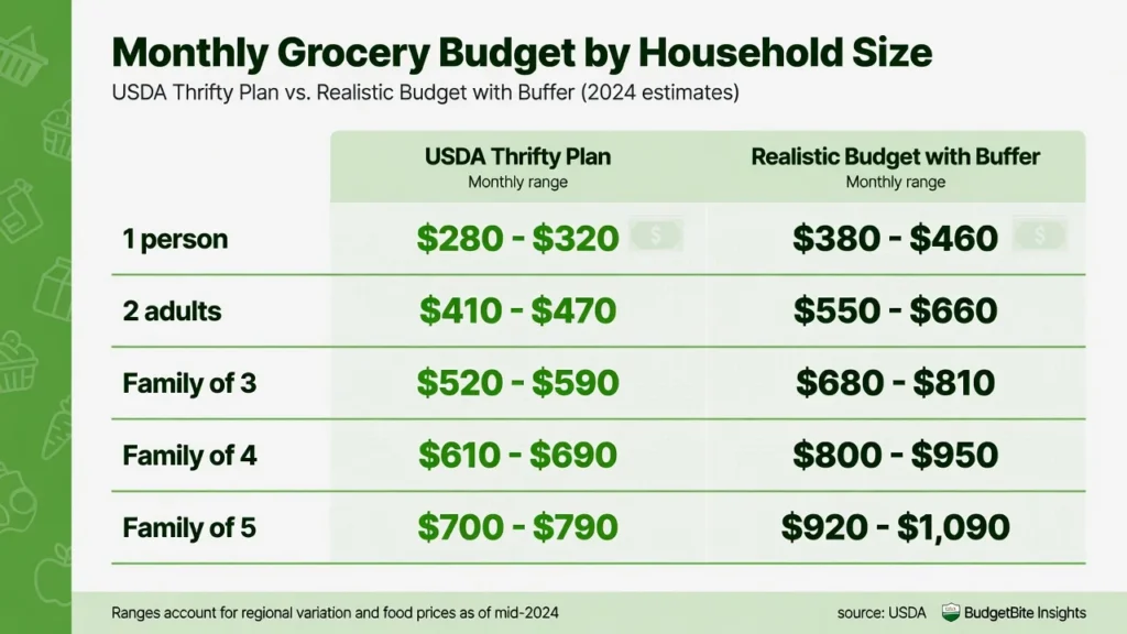 Chart showing monthly grocery budget ranges by household size from
single adult to family of five, based on USDA Thrifty Plan data