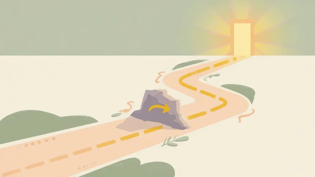 Illustration of path with obstacle showing journey continues forward, representing recovery from overspending setback