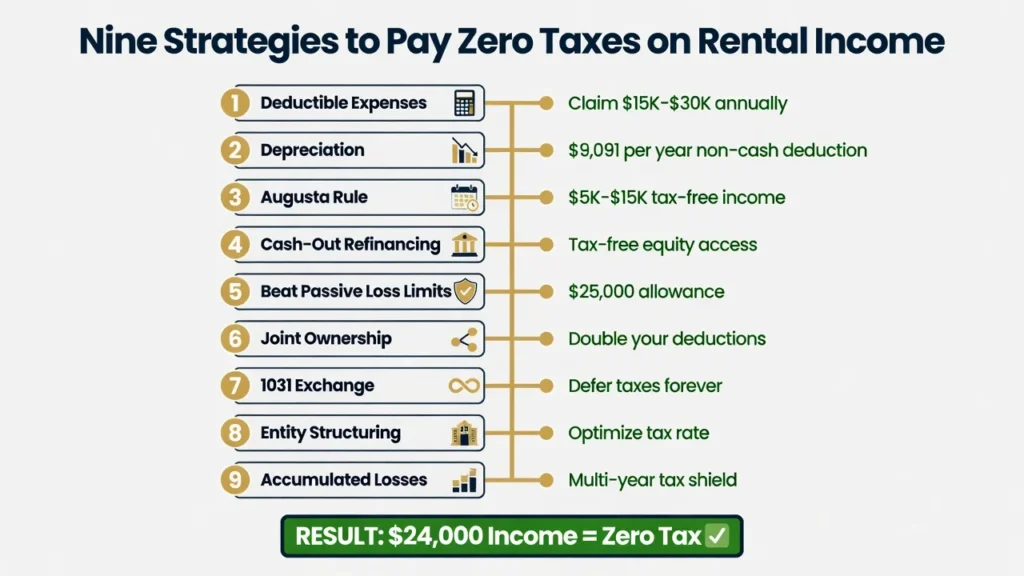 Complete infographic showing 9 legal tax strategies for rental property owners to reduce taxable income to zero including depreciation, deductions, and 1031 exchanges