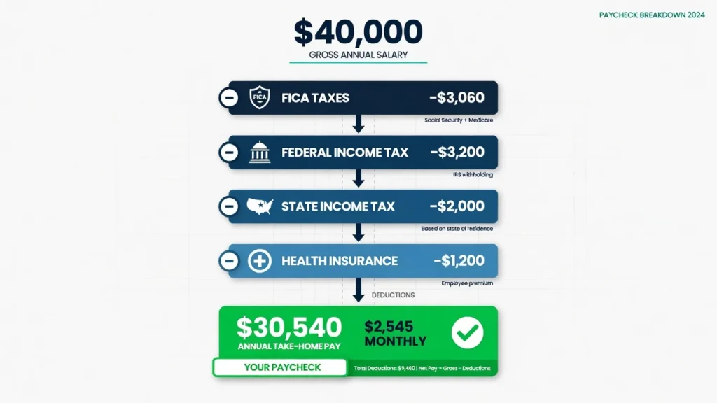 Infographic showing how $40,000 annual salary breaks down to $2,545 monthly take-home pay after FICA, federal tax, state tax, and health insurance deductions