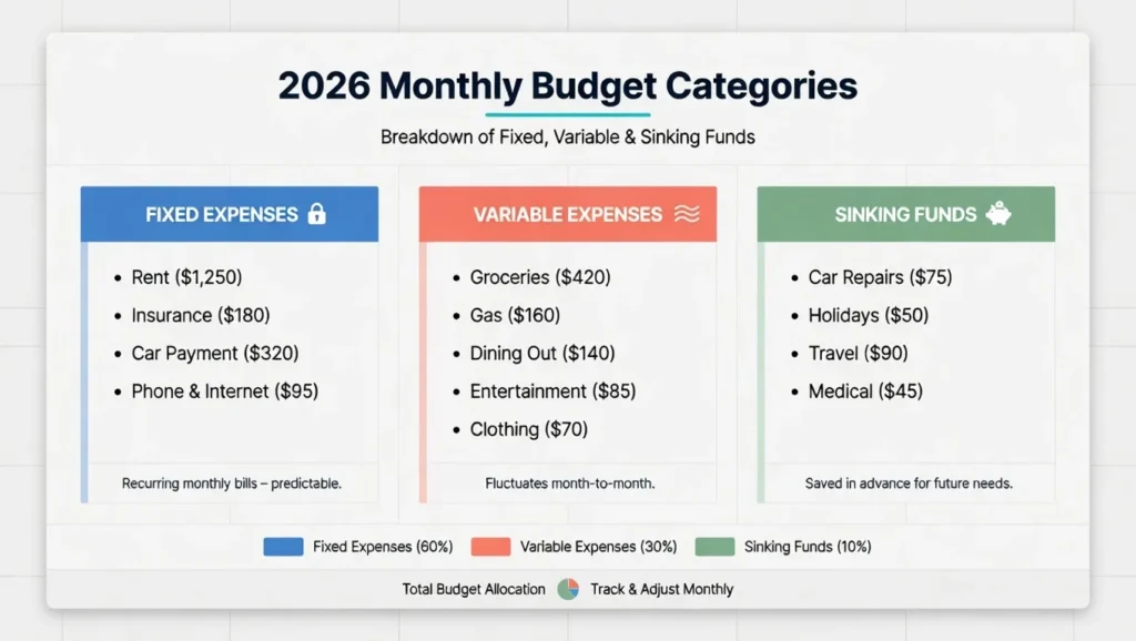 Budget category chart showing fixed expenses, variable expenses, and sinking funds with common examples in each group