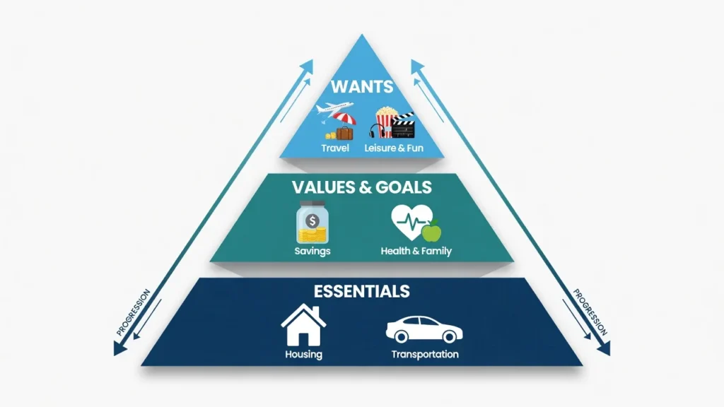 Priority pyramid diagram showing three tiers of spending from essential expenses at bottom to wants at top for budget management