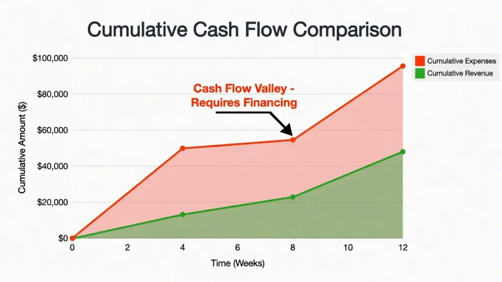 Line chart illustrating the cash flow valley in project budgeting where cumulative expenses exceed cumulative revenue, creating a funding gap between early spending and later revenue receipt