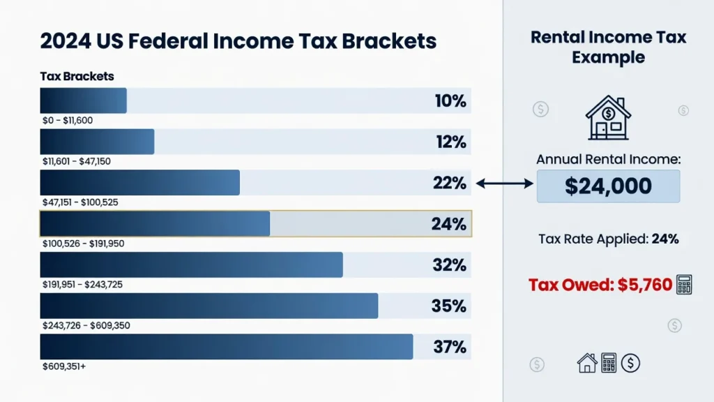 Infographic showing 2024 federal tax brackets with example calculation of $5,760 tax owed on $24,000 rental income at 24% rate