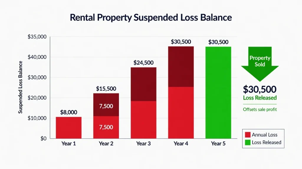 Bar chart showing how rental property passive losses accumulate over 4 years to $30,500 then release when property is sold