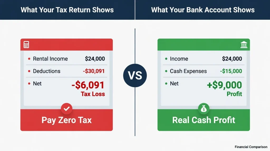 Comparison showing rental property generating $9,000 cash profit while reporting $6,091 tax loss through depreciation deductions
