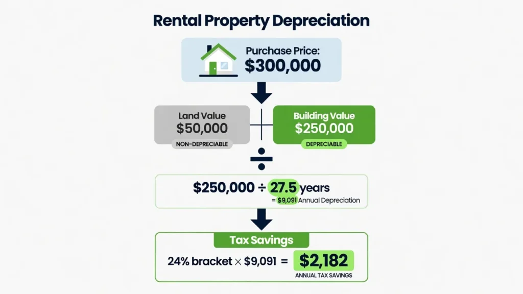 Diagram showing how to calculate rental property depreciation: $250,000 building value divided by 27.5 years equals $9,091 annual deduction