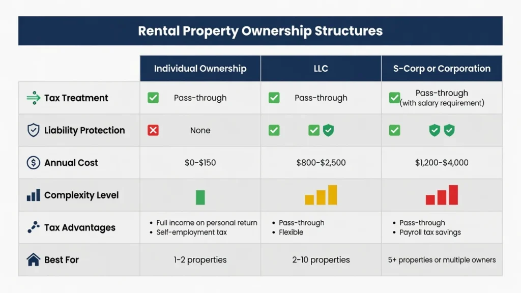 Comparison table showing individual ownership vs LLC vs S-corporation for rental properties including tax treatment, liability protection, and costs