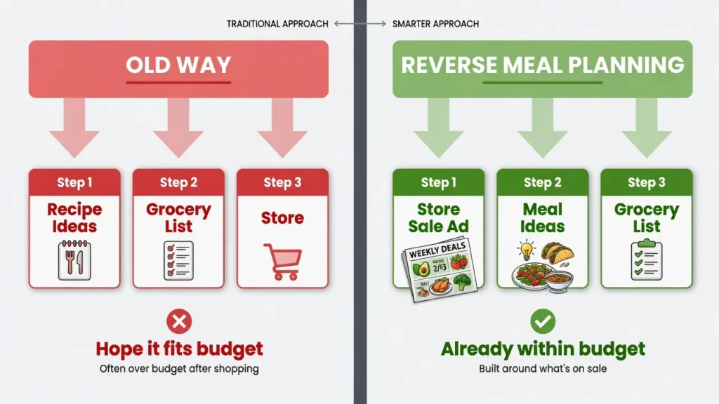 Side-by-side diagram comparing traditional meal planning starting
with recipes versus reverse meal planning starting with weekly
store sales
