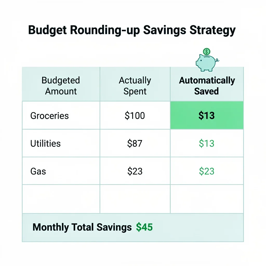 Diagram showing budget rounding-up strategy with example: budget $100 for groceries, spend $87, automatically save $13 difference