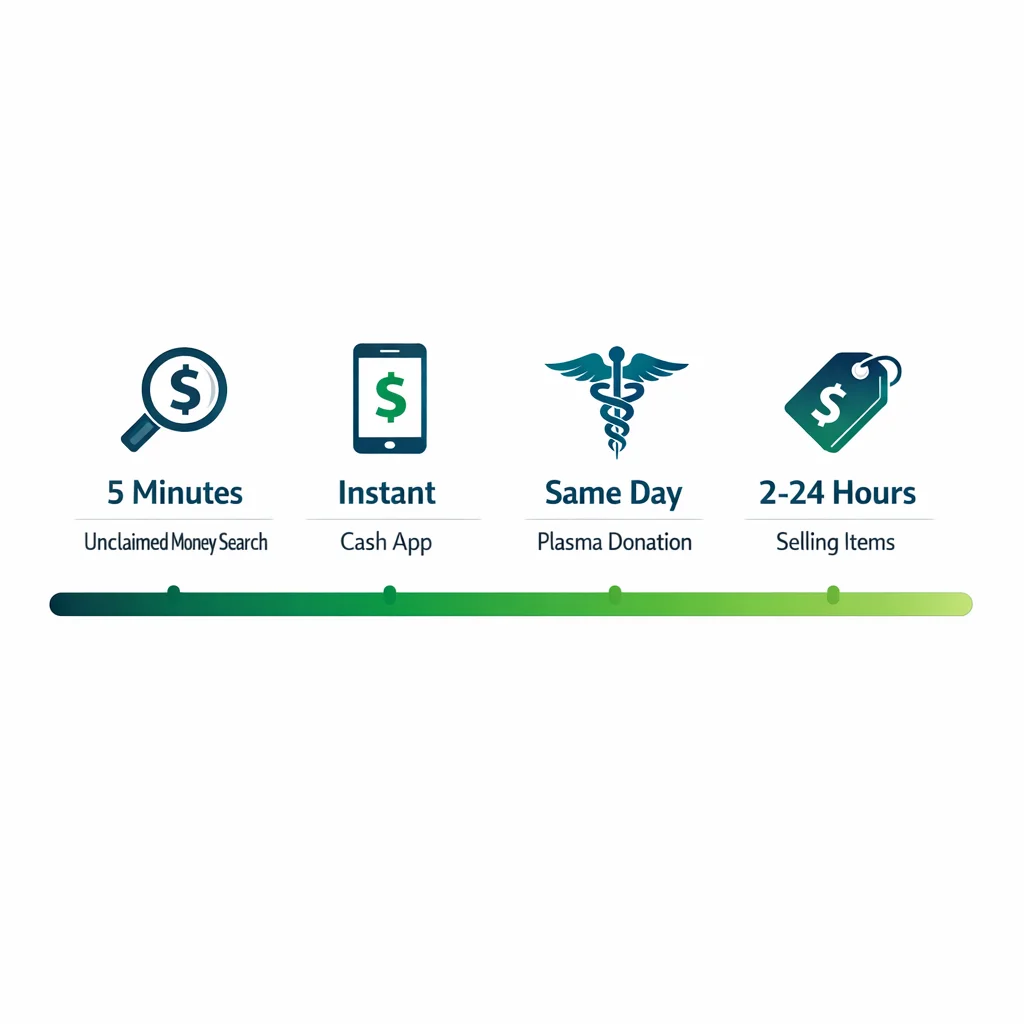Timeline comparison showing fastest ways to get money today from 5 minutes to 24 hours including cash apps and plasma donation