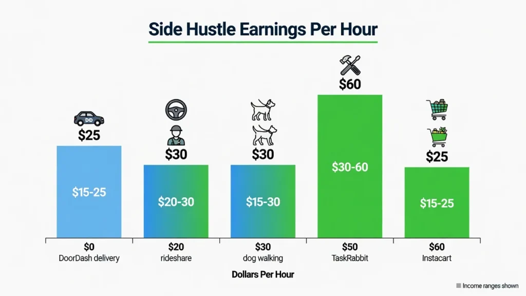 Bar chart comparing realistic hourly earnings for popular side hustles including delivery driving rideshare dog walking and gig work