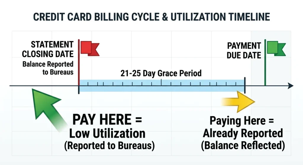 Diagram showing credit card billing cycle with statement closing date when balance is reported to bureaus versus payment due date 21-25 days later