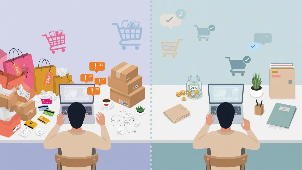 Illustration showing person managing overspending habits with shopping icons and organized financial elements in calming colors