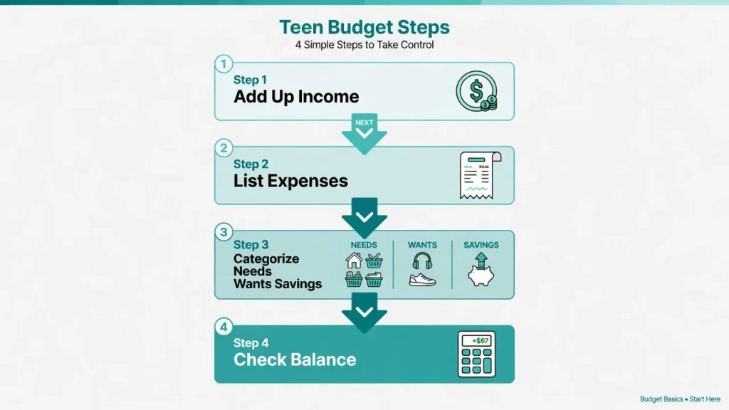 Flowchart showing four steps to create a teen budget: add income, list expenses, categorize needs wants savings, and check balance