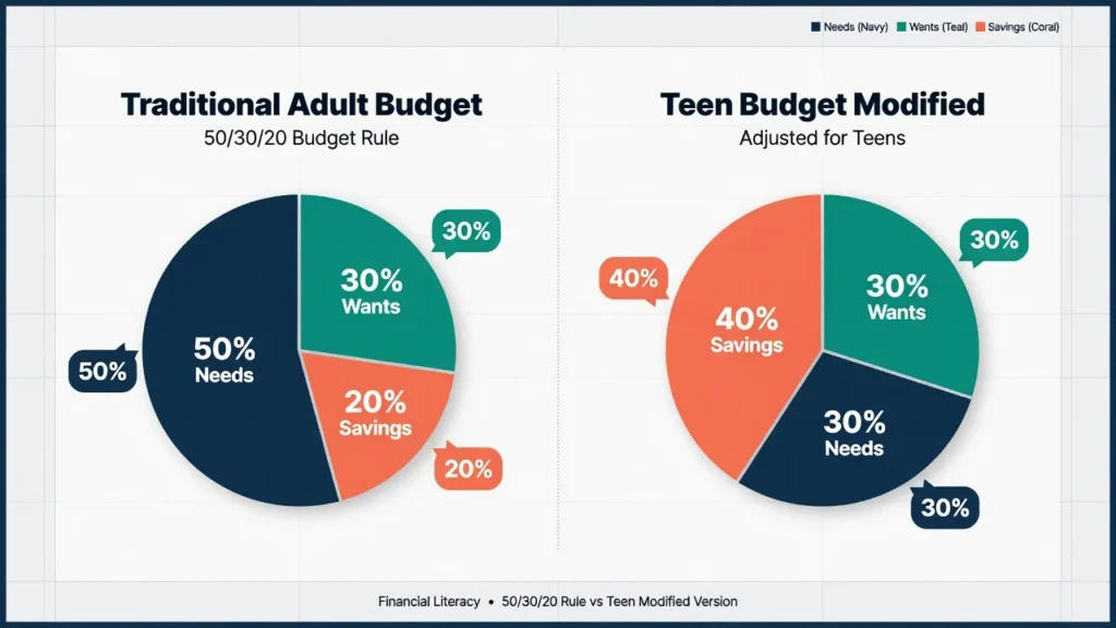 Infographic comparing 50/30/20 budget rule for adults with modified 30/30/40 budget percentages for teenagers showing needs wants and savings