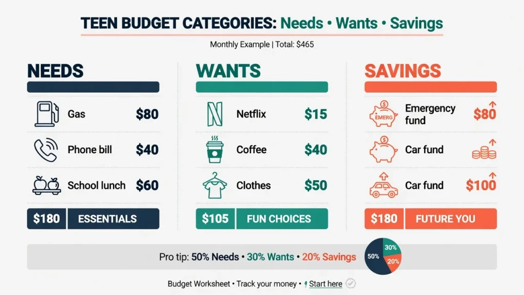 Budget categorization chart showing examples of teen needs like gas and phone bills, wants like entertainment, and savings goals