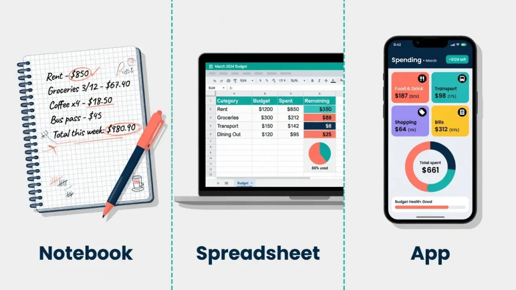 Comparison of three budget tracking methods for teenagers: handwritten notebook, digital spreadsheet, and mobile budgeting app