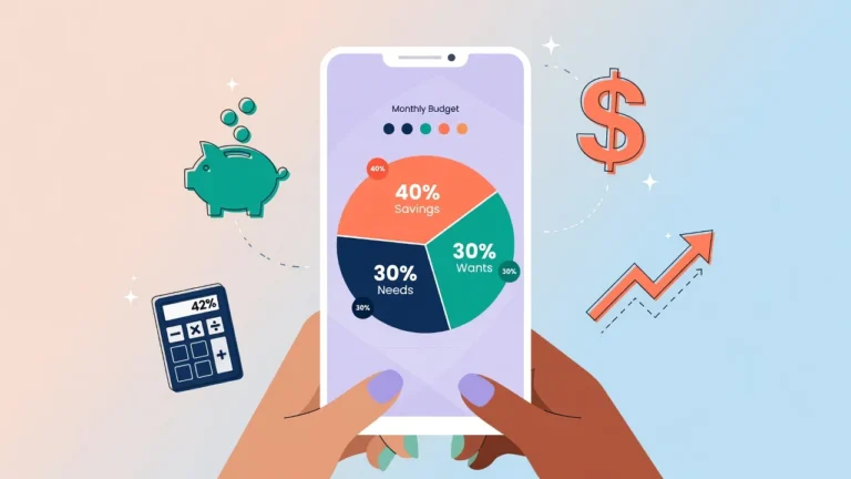 Smartphone displaying budget pie chart with 30/30/40 split for teen needs wants and savings with financial planning icons