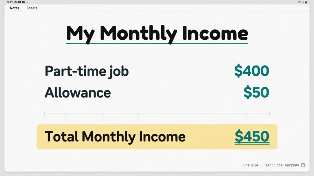 Example income tracking worksheet showing teen earning $400 from part-time job and $50 allowance totaling $450 monthly income