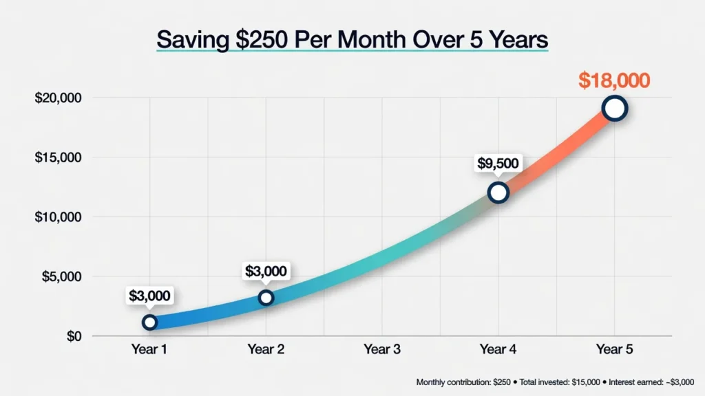 Line graph showing how saving $250 per month grows to $18,000 over 5 years with compound interest for teenagers