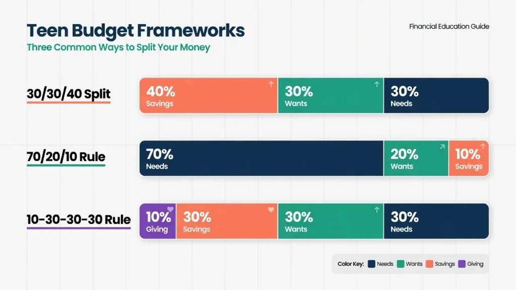 Comparison chart showing three budget frameworks for teenagers including 30/30/40 split, 70/20/10 rule, and 10-30-30-30 budget method