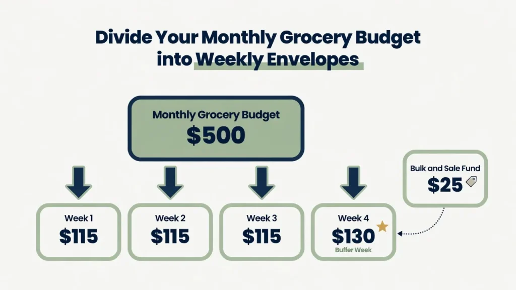 Diagram showing a $500 monthly grocery budget divided into four
weekly amounts with a separate bulk and sale fund category