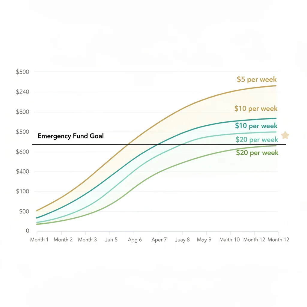 Chart showing how saving $5, $10, or $20 per week builds to $260-$1,040 annually toward a $500 emergency fund goal