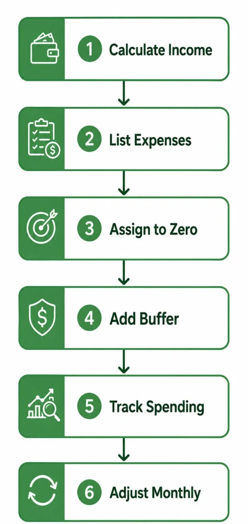Flowchart showing six steps to create a zero based budget from calculating income to monthly tracking