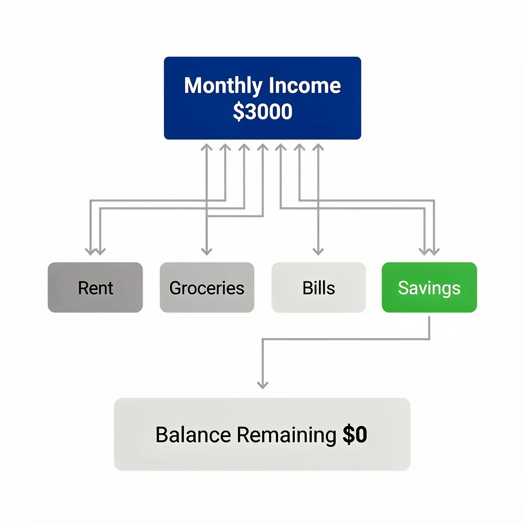 Infographic showing zero based budgeting formula with income allocated to expense categories until reaching zero balance